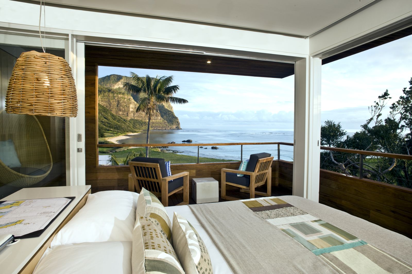 beautiful panoramic sea view of Lord Howe Island from lidgbird pavillion bedroom with balcony in luxury Capella Lodge in Australia