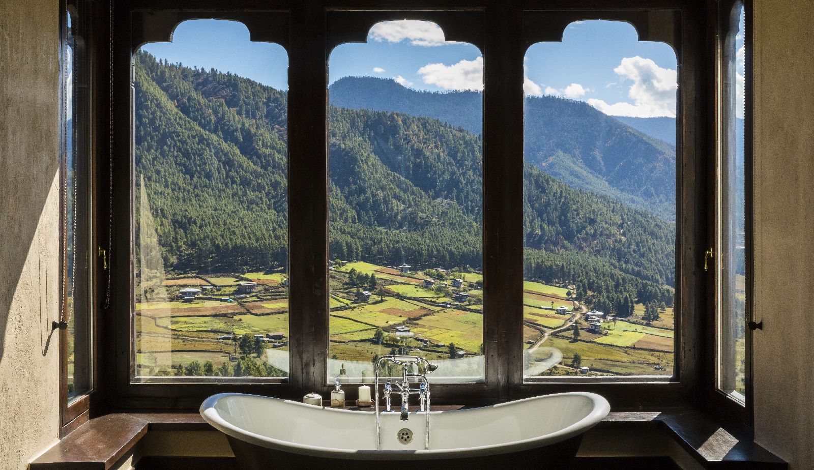 Valley views from guest bathroom at Gangtey Lodge in Bhuan