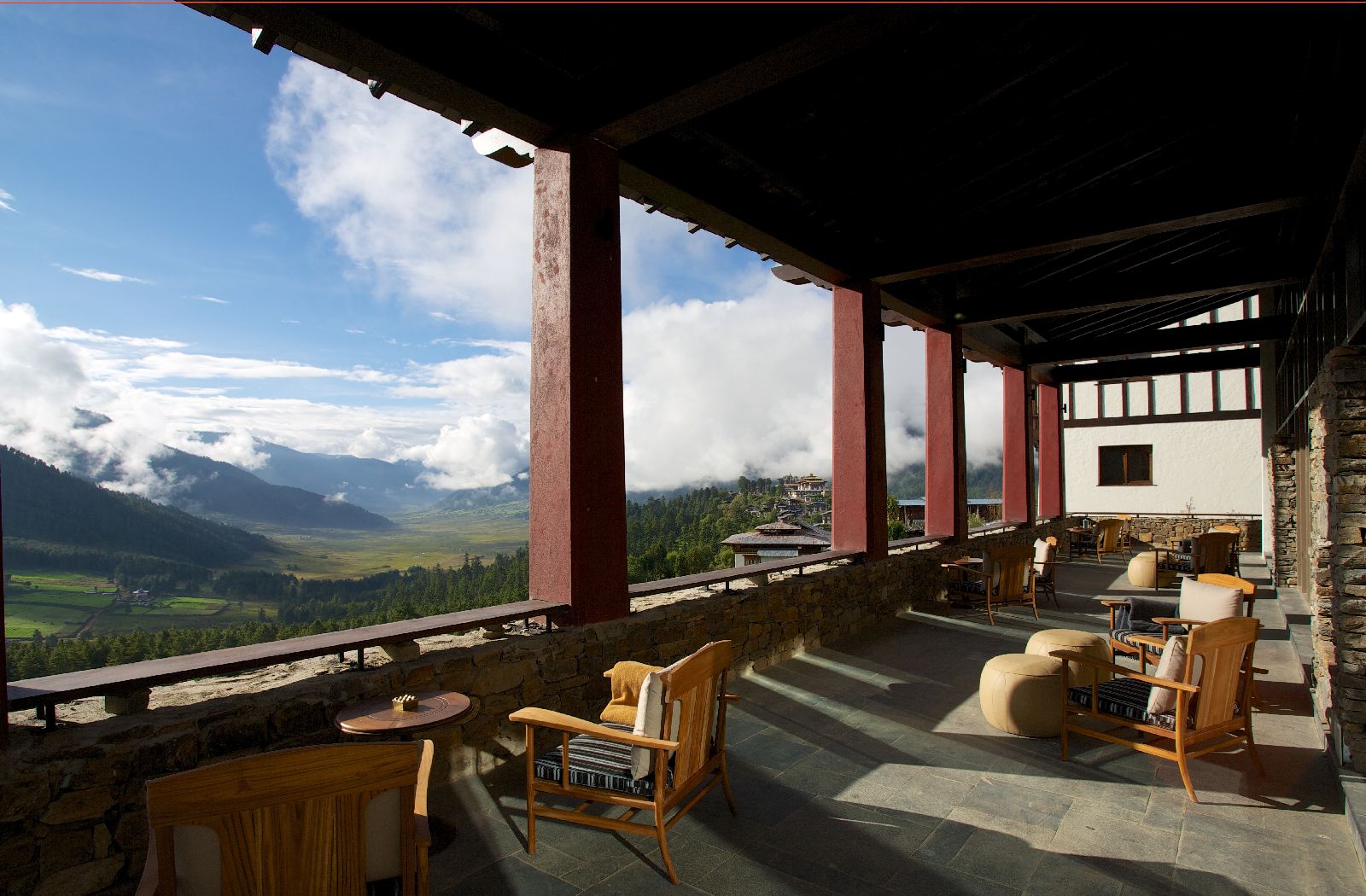 Panoramic views from the terrace at Gangtey Lodge in Bhutan