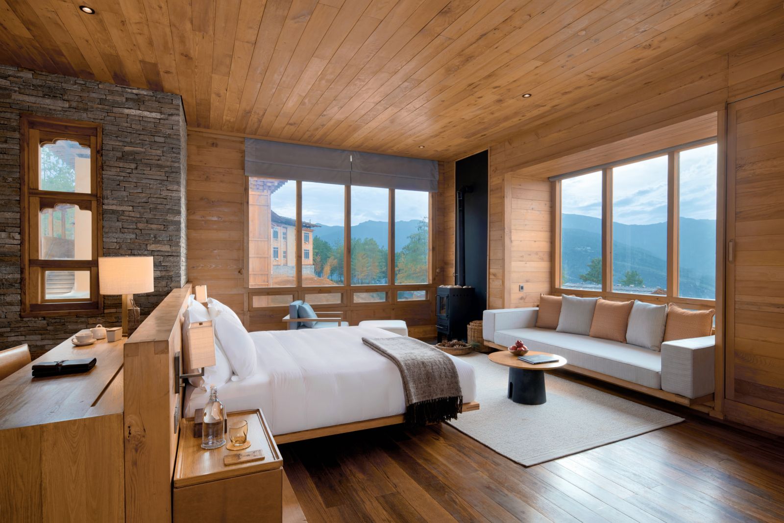Main bedroom of the Lodge Suite with mountain views