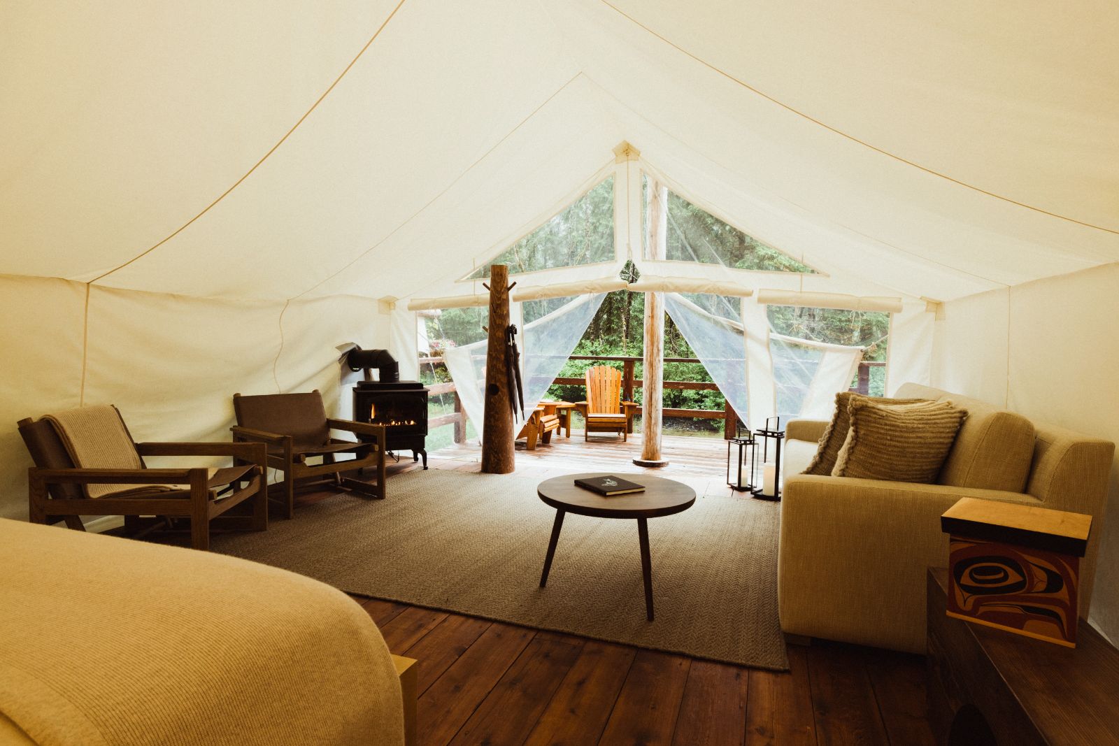 Luxury tent guest suite living area at Clayoquot Wilderness Resort in Vancouver, Canada