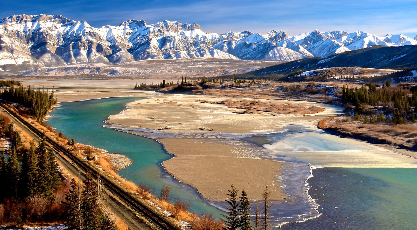 Aerial view of Athabasca River and Miette range in Jasper Canada