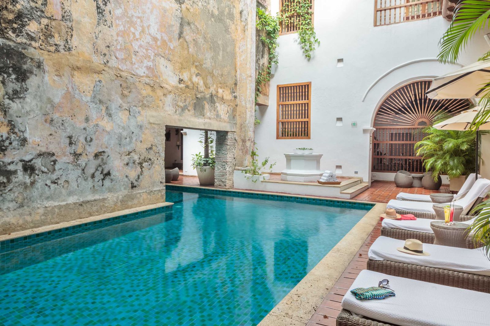Poolside and loungers at Casa San Agustin in Cartagena, Colombia