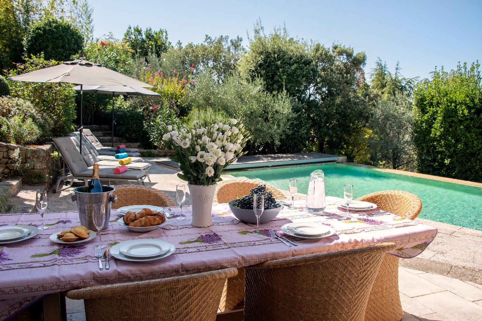 Outdoor dining by the pool at Bastide d'Aristide in Provence