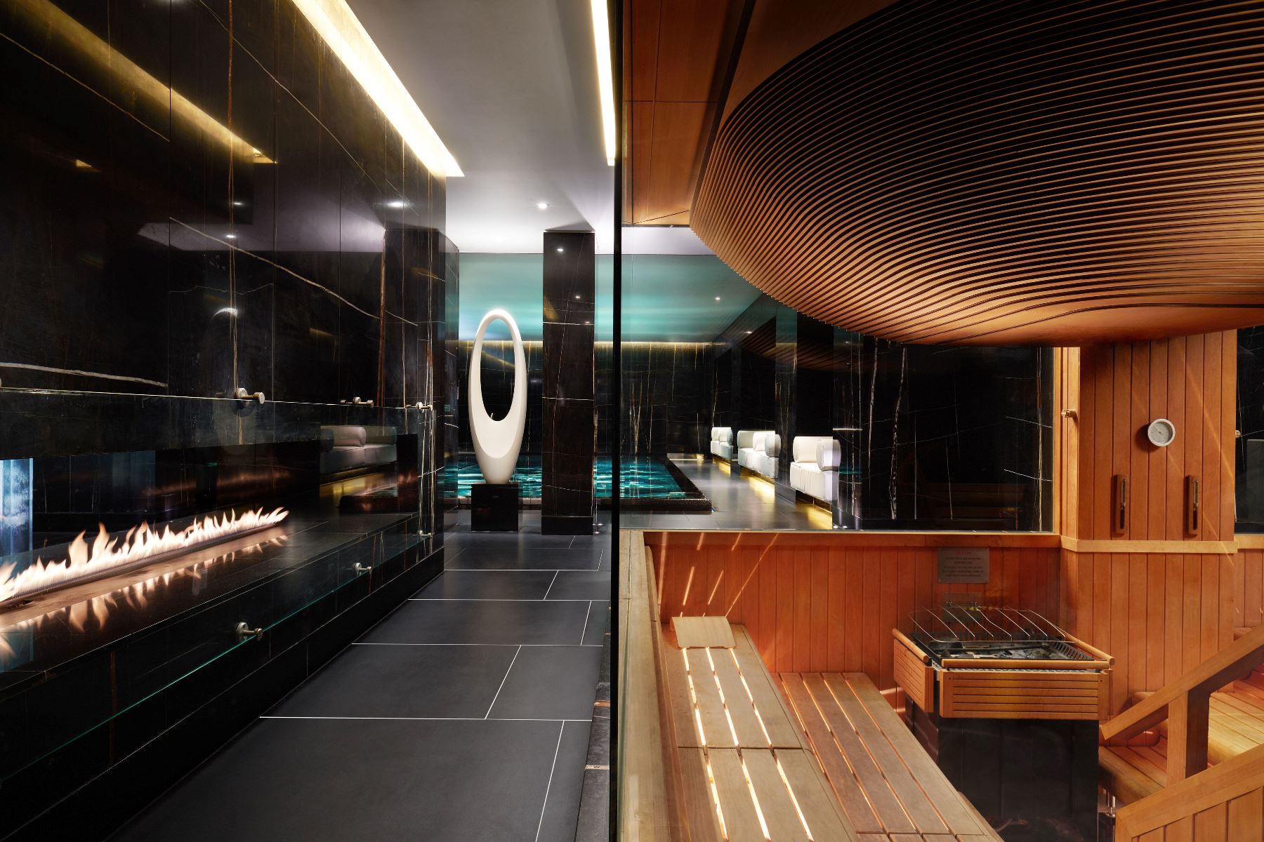 The sauna in the spa at the Corinthia Hotel in London