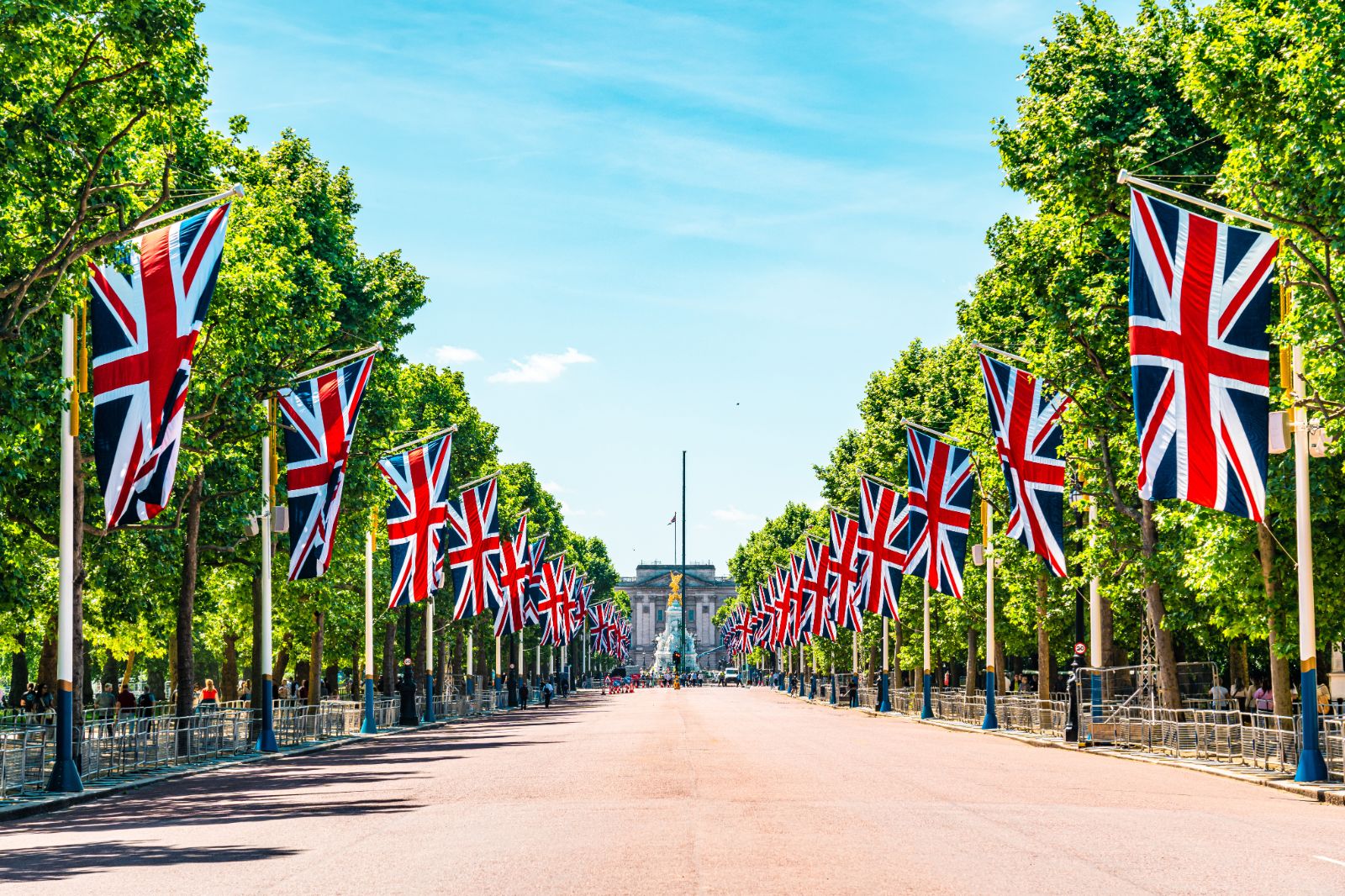 British flags along the Mall outside Buckingham Palace in London