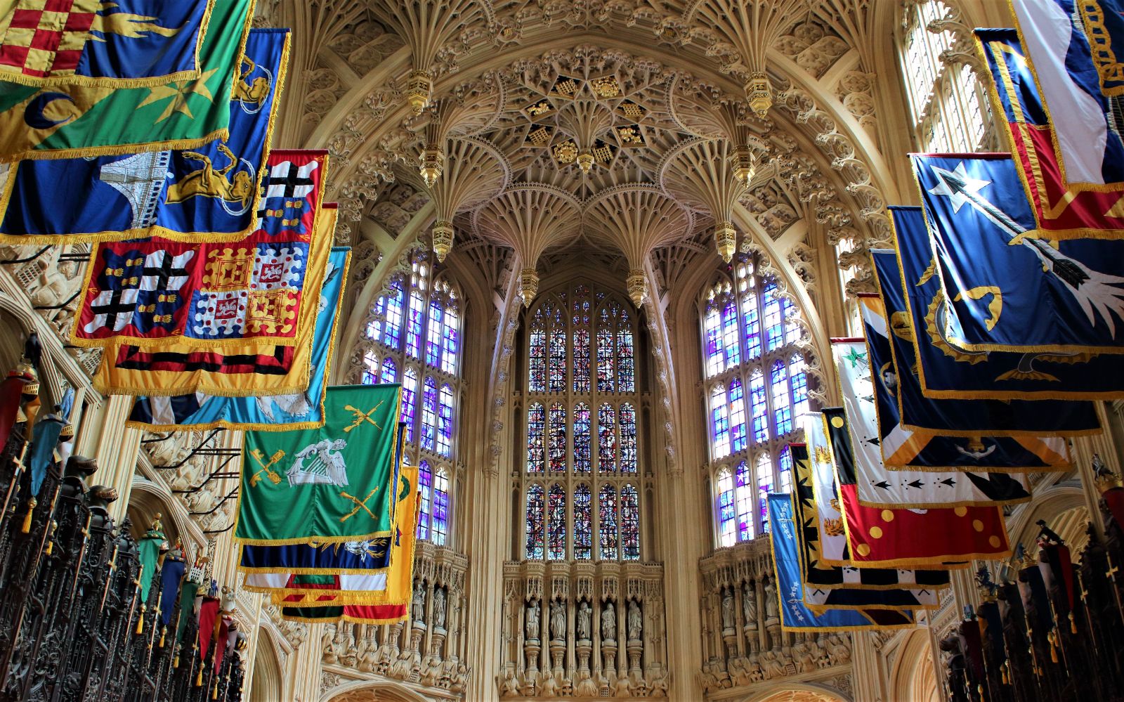 Flags inside Westminster Abbey in London
