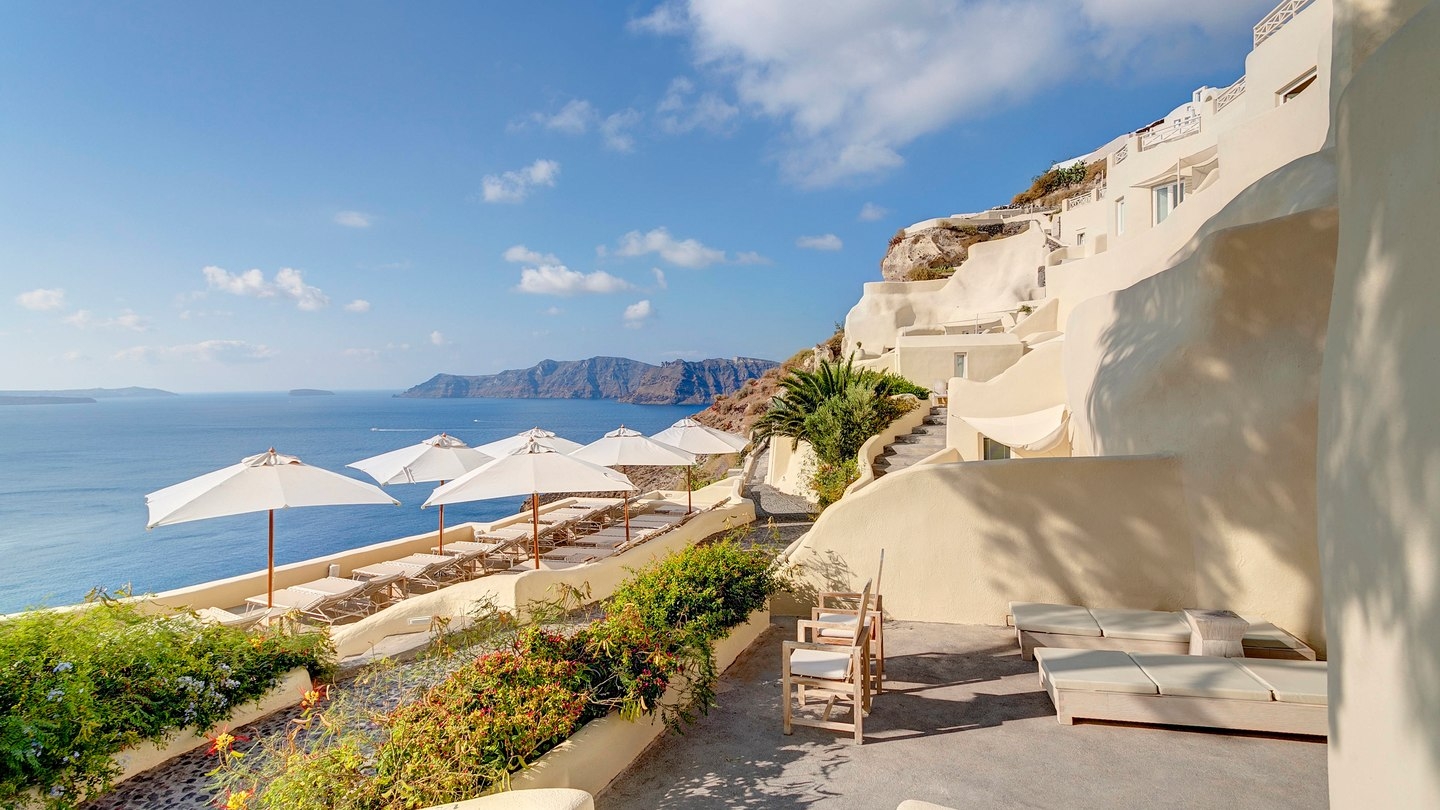 View from terrace at Mystique in Santorini Greece
