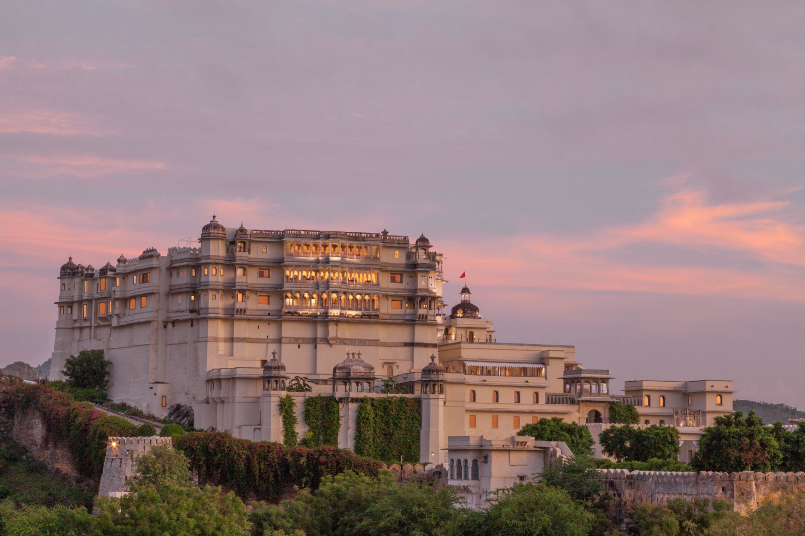 Exterior of the at Raas Devigarh hotel near Udaipur at dusk