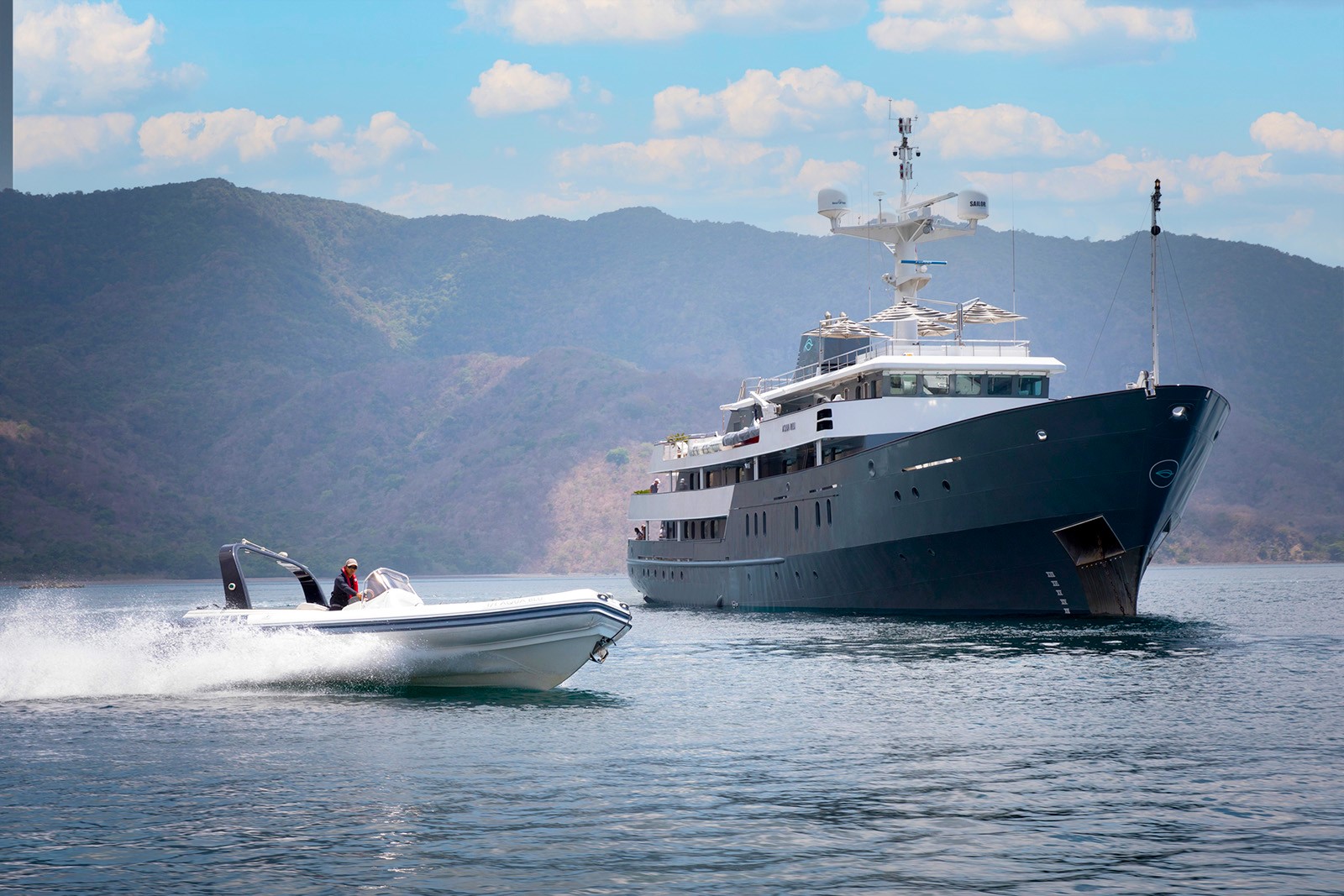 Exterior view of Aqua Blu and one of its skiffs in Indonesia