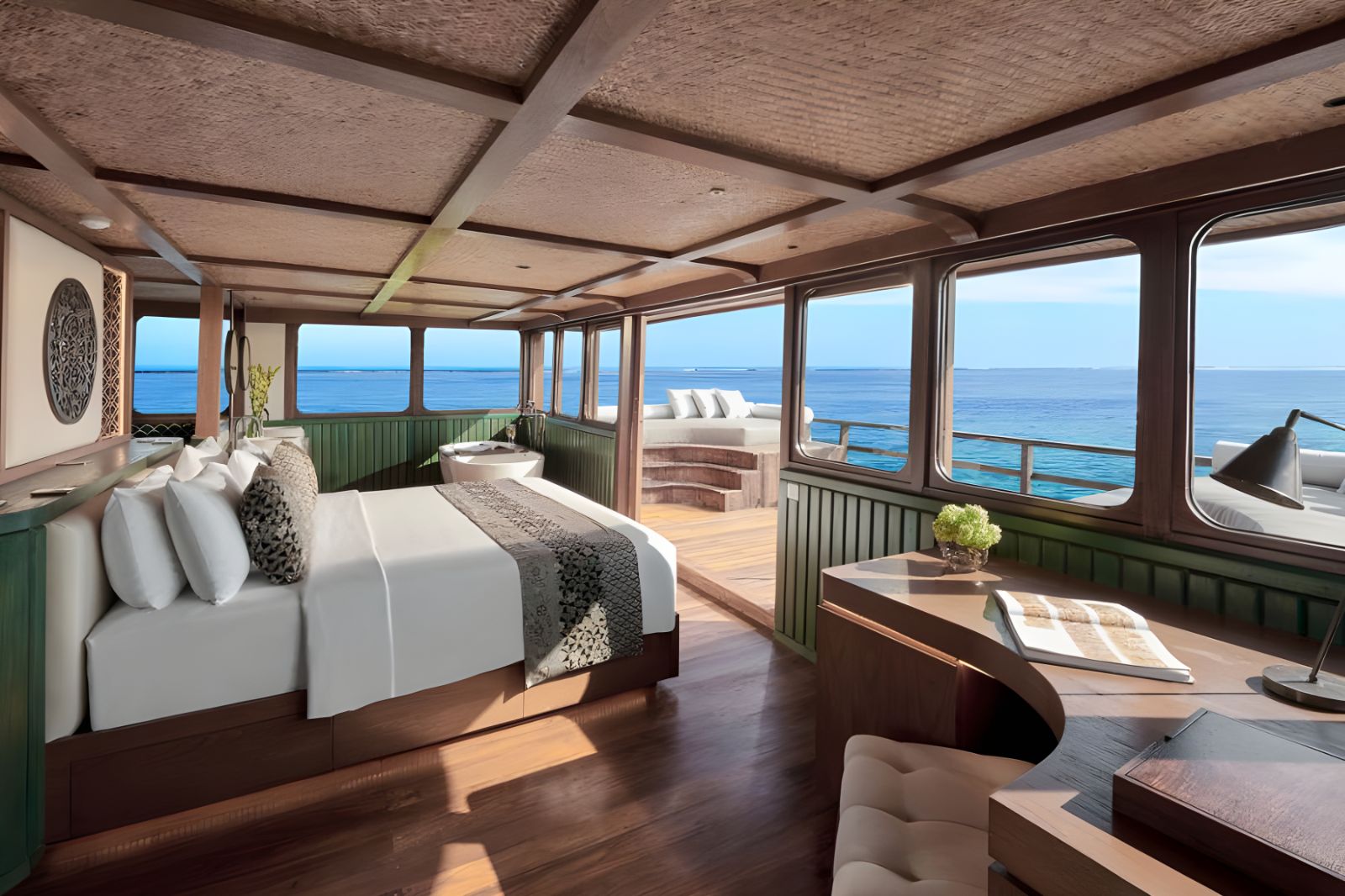 Master cabin with oceans views onboard the Samsara Samudra phinisi in Indonesia