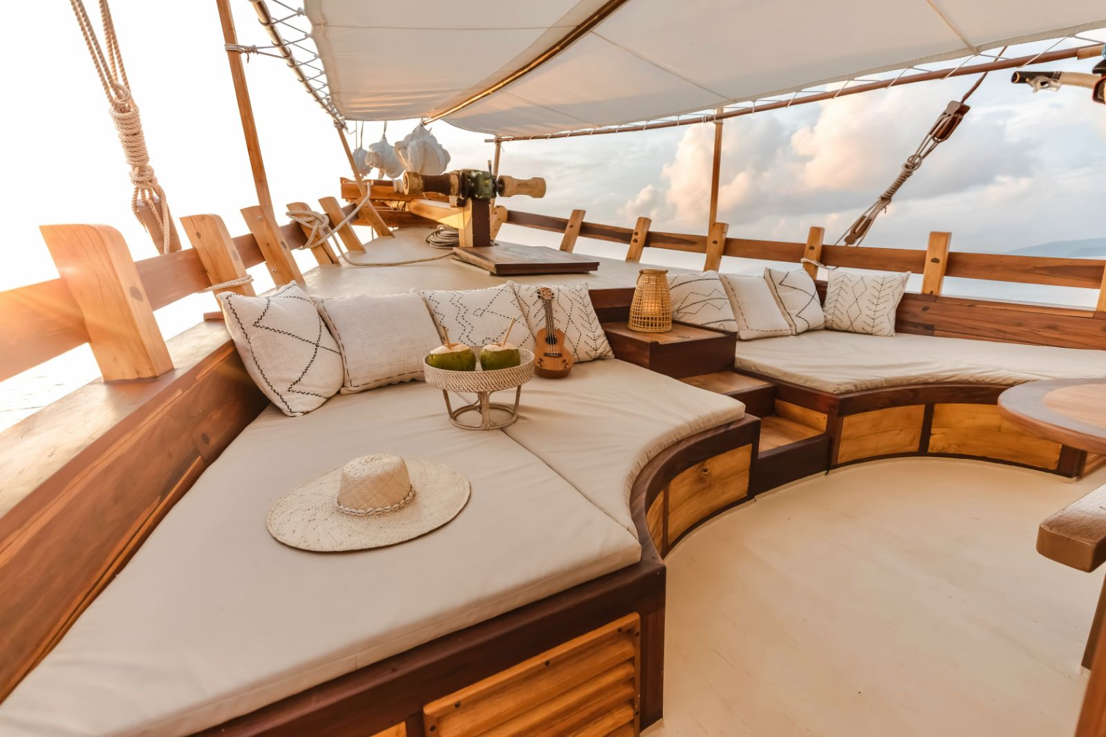 Upper lounge onboard the Senja phinisi in Indonesia