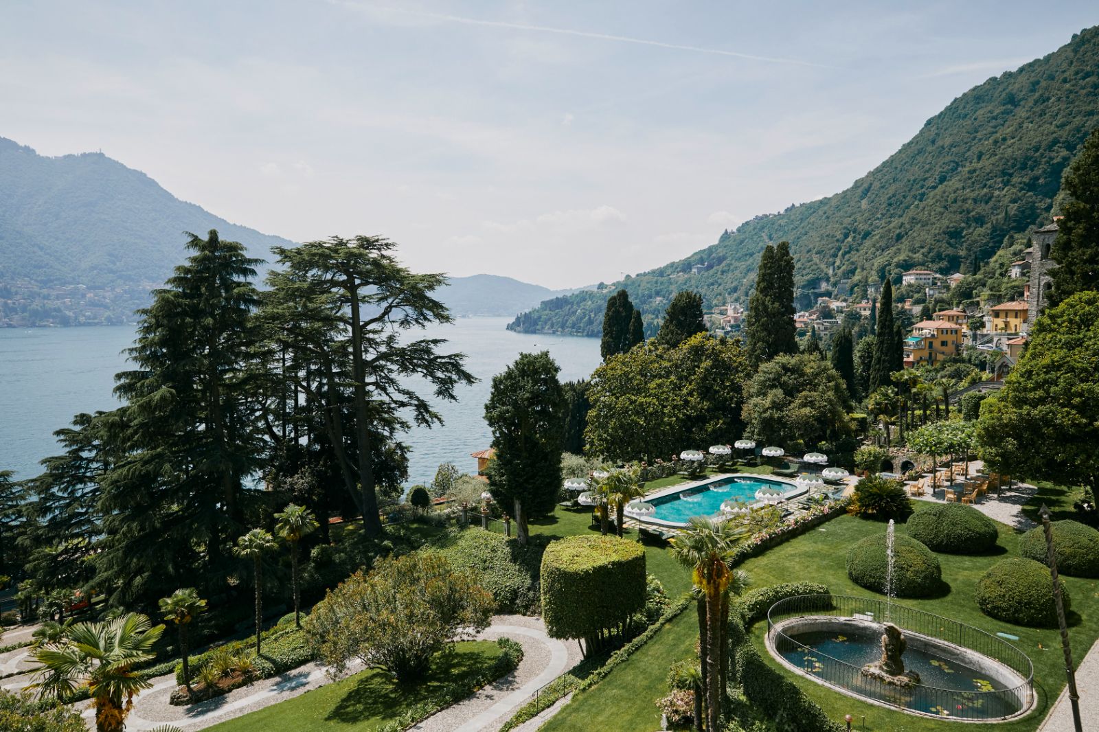 Aerial view of grounds and pool of Passalacqua on Italy's Lake Como