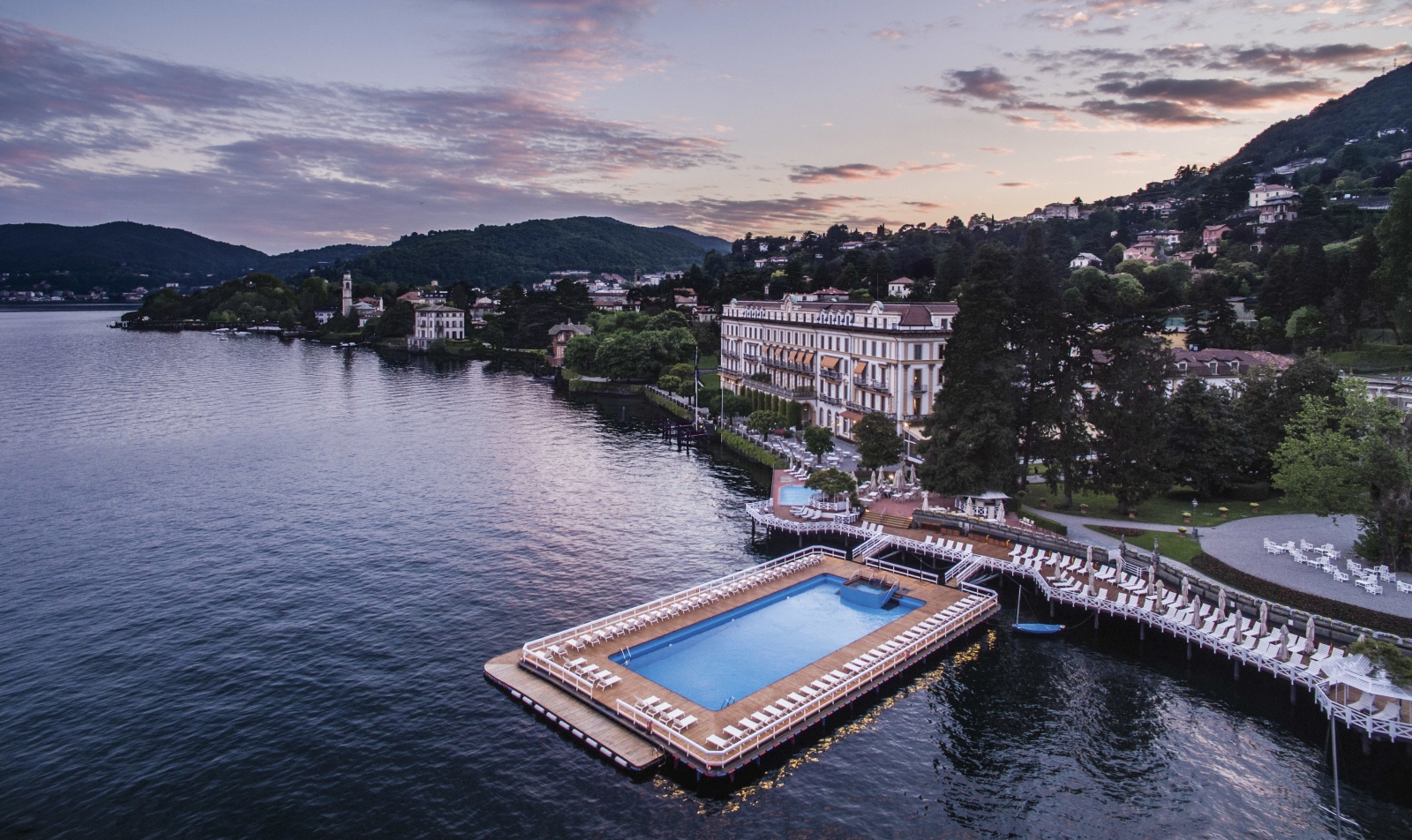Aerial view of the floating pool at sundown at Villa D'Este on Lake Como Italy