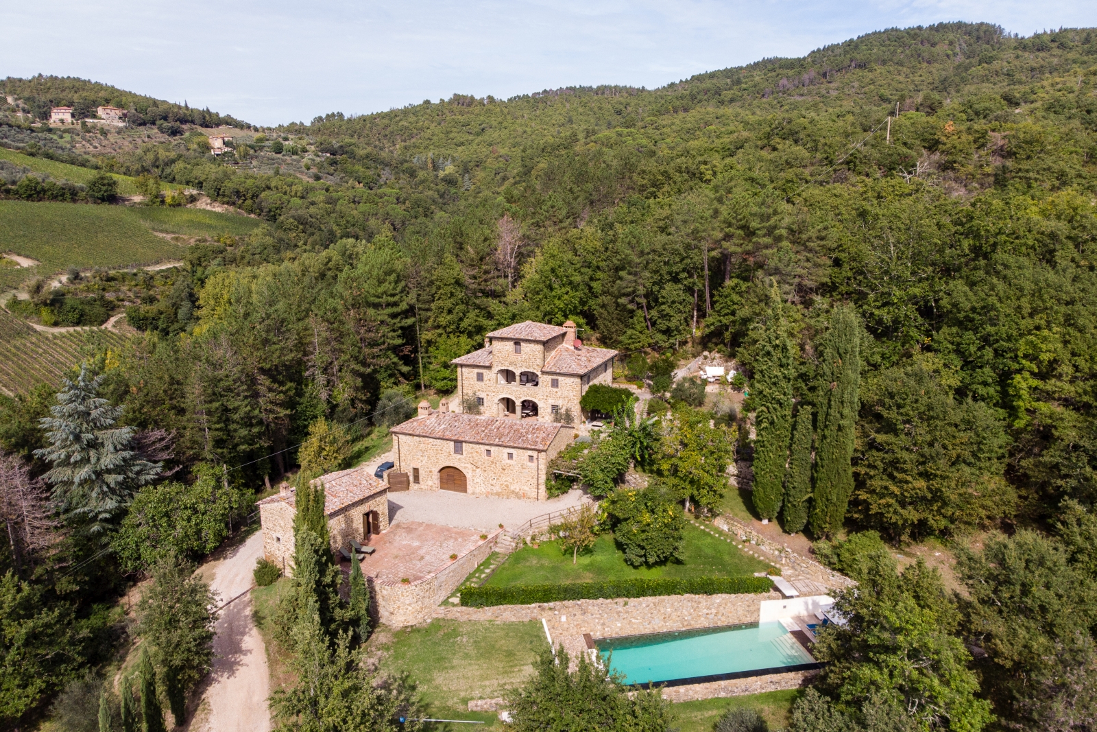 Aerial view of Villa Baciata in Tuscany Italy