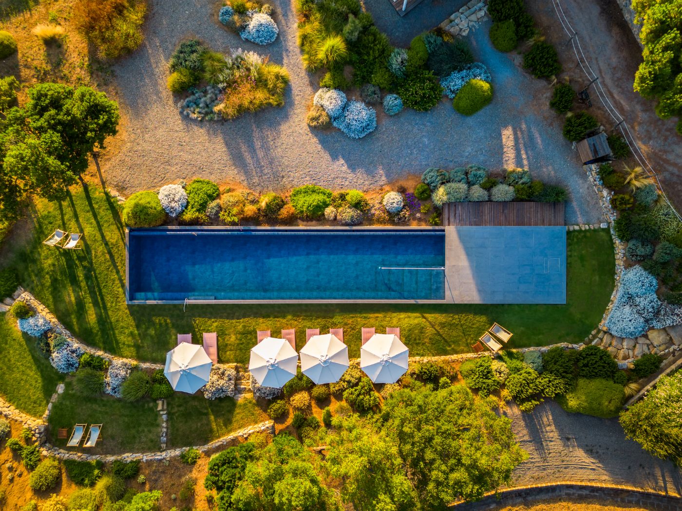A top down view of the pool at Villa Montecristo.