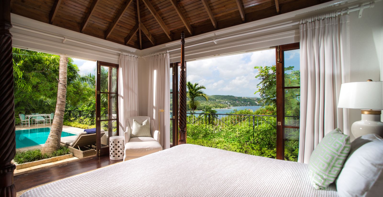 Bedroom view of a villa at Round Hill Hotel & Villas in Montego Bay, Jamaica