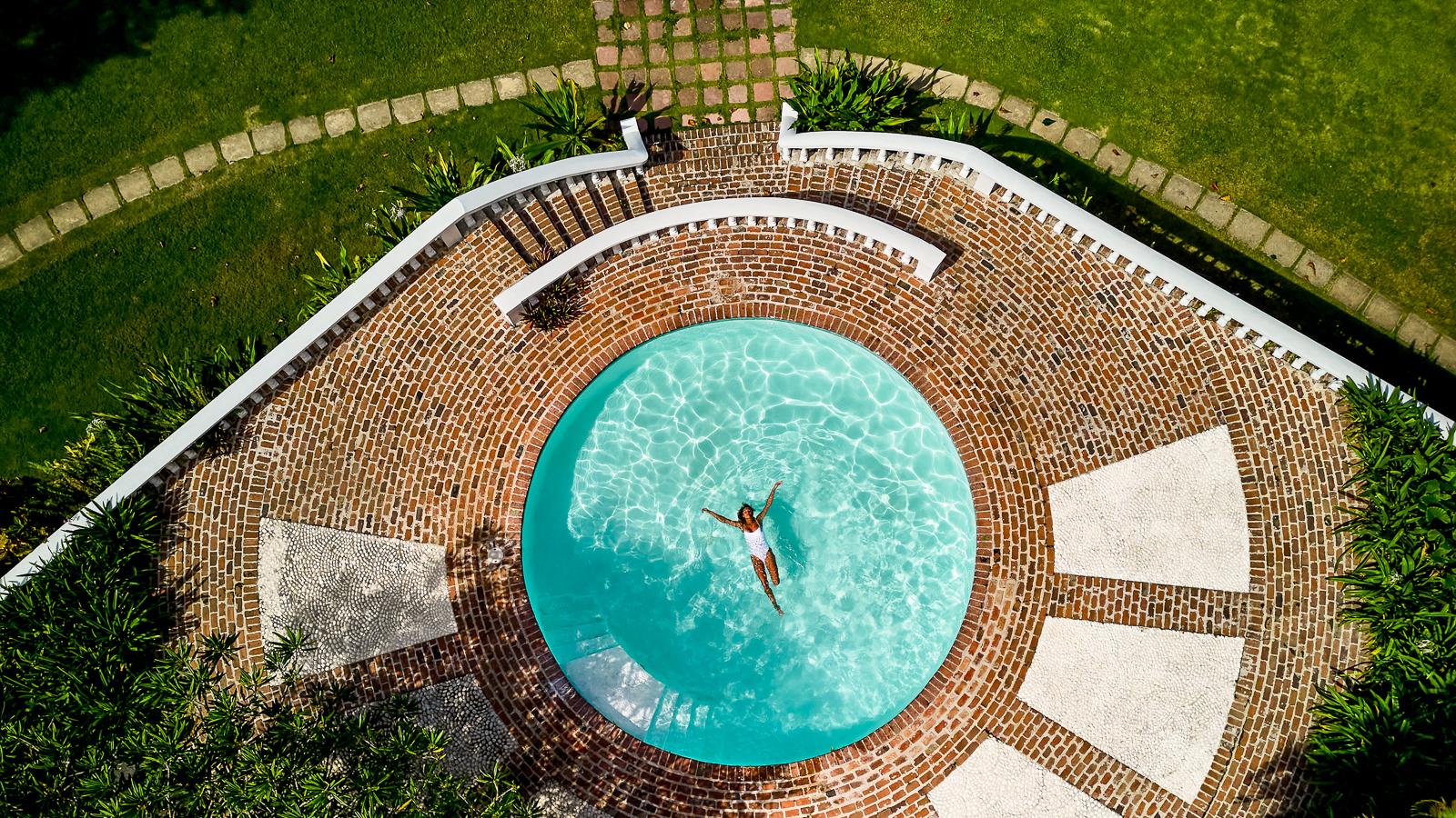 Aerial view of the swimming pool at Round Hill resort in Jamaica