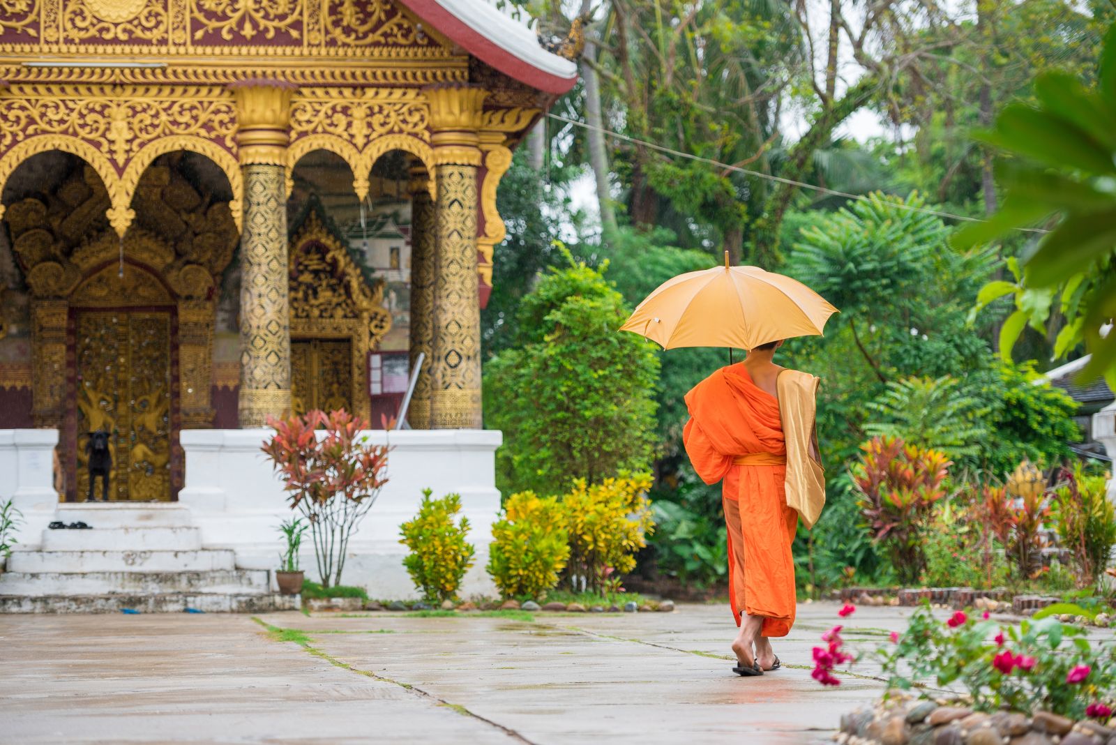 Buddhist monk in traditional dress approaching a temple in Laos