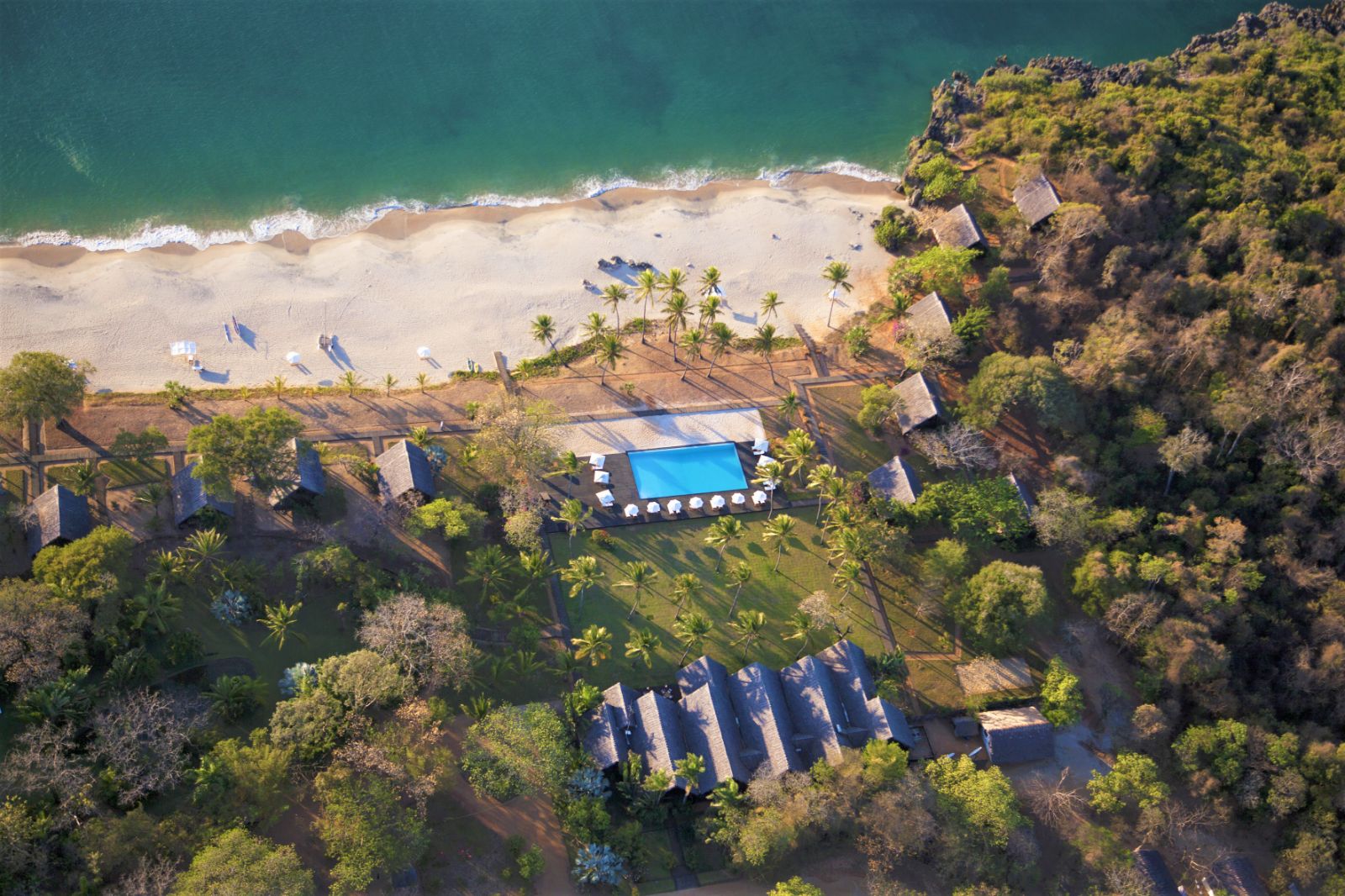 Aerial view of a villa and beachfront at Anjajavy L'Hotel in Madagascar