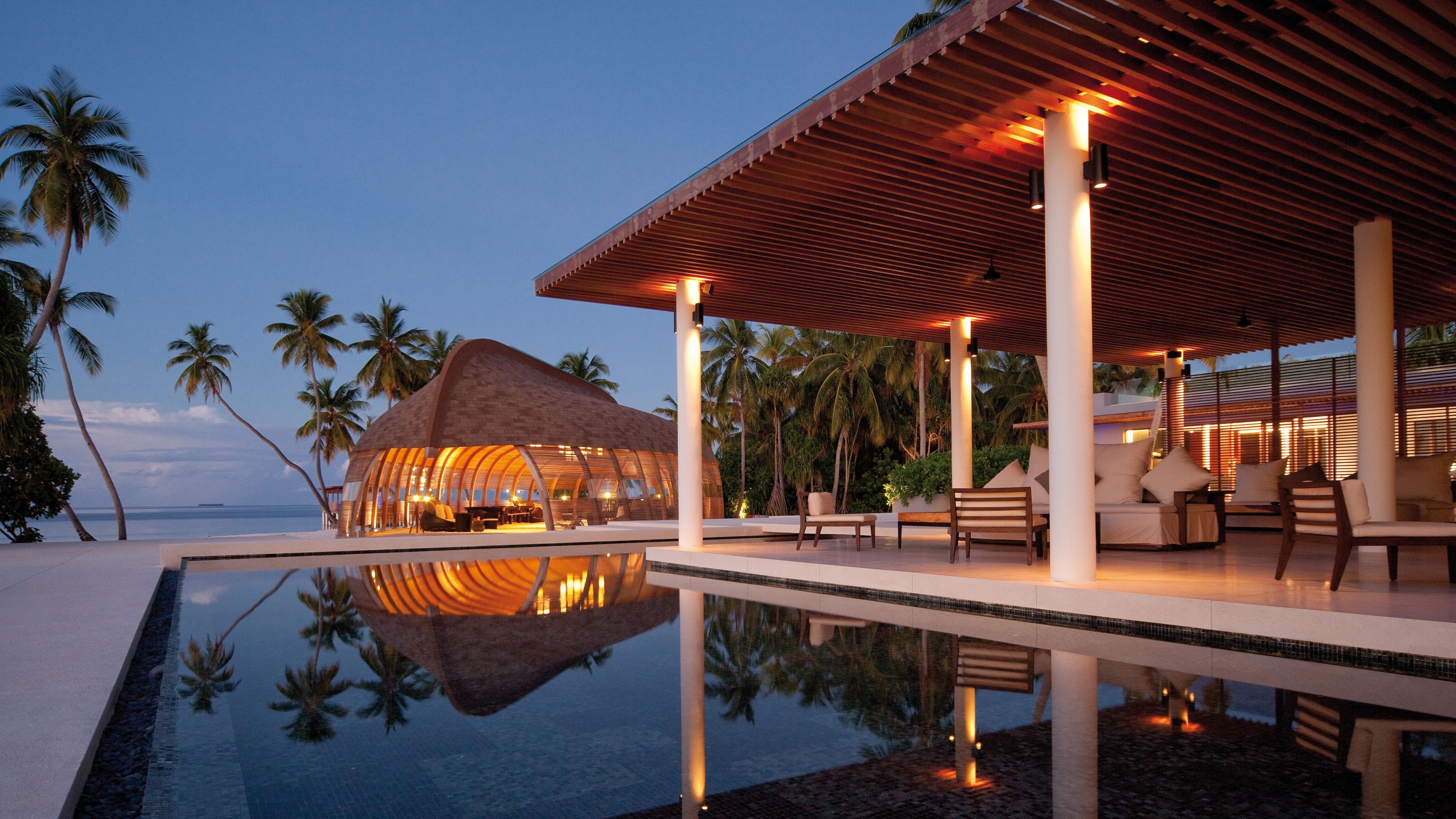 The pool area at Park Hyatt Maldives