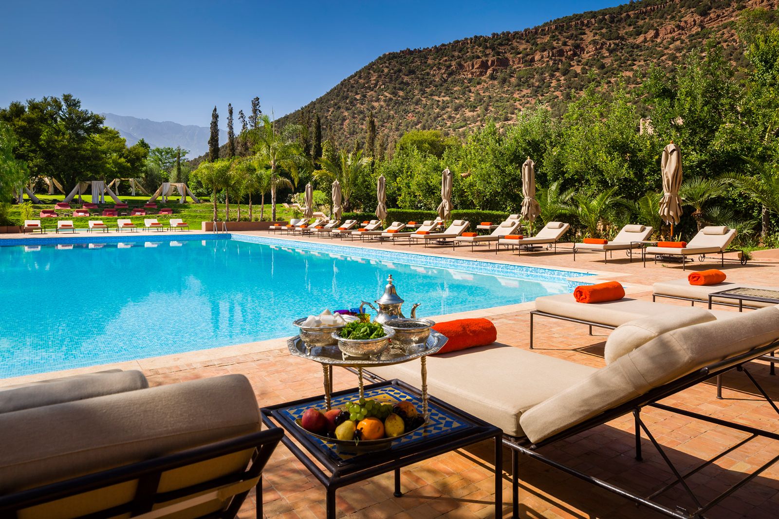 Swimming pool at Kasbah Tamadot in the Atlas Mountains of Morocco