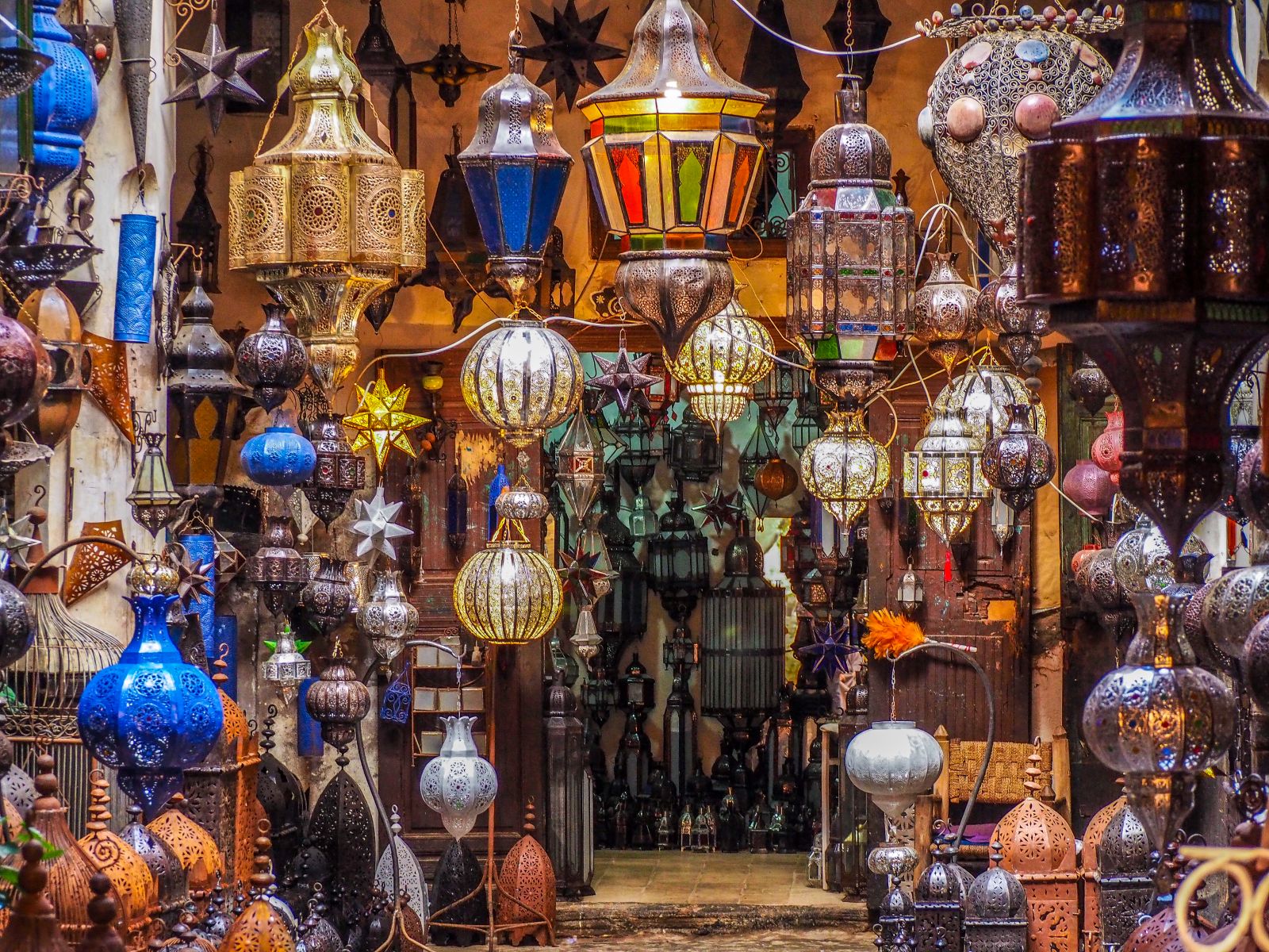 Elaborate lanterns on display in the Marrakech souq in Morocco