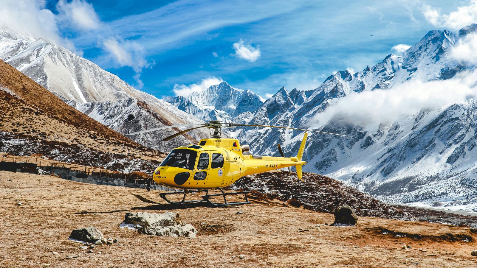 A helicopter parked in the Himalayas