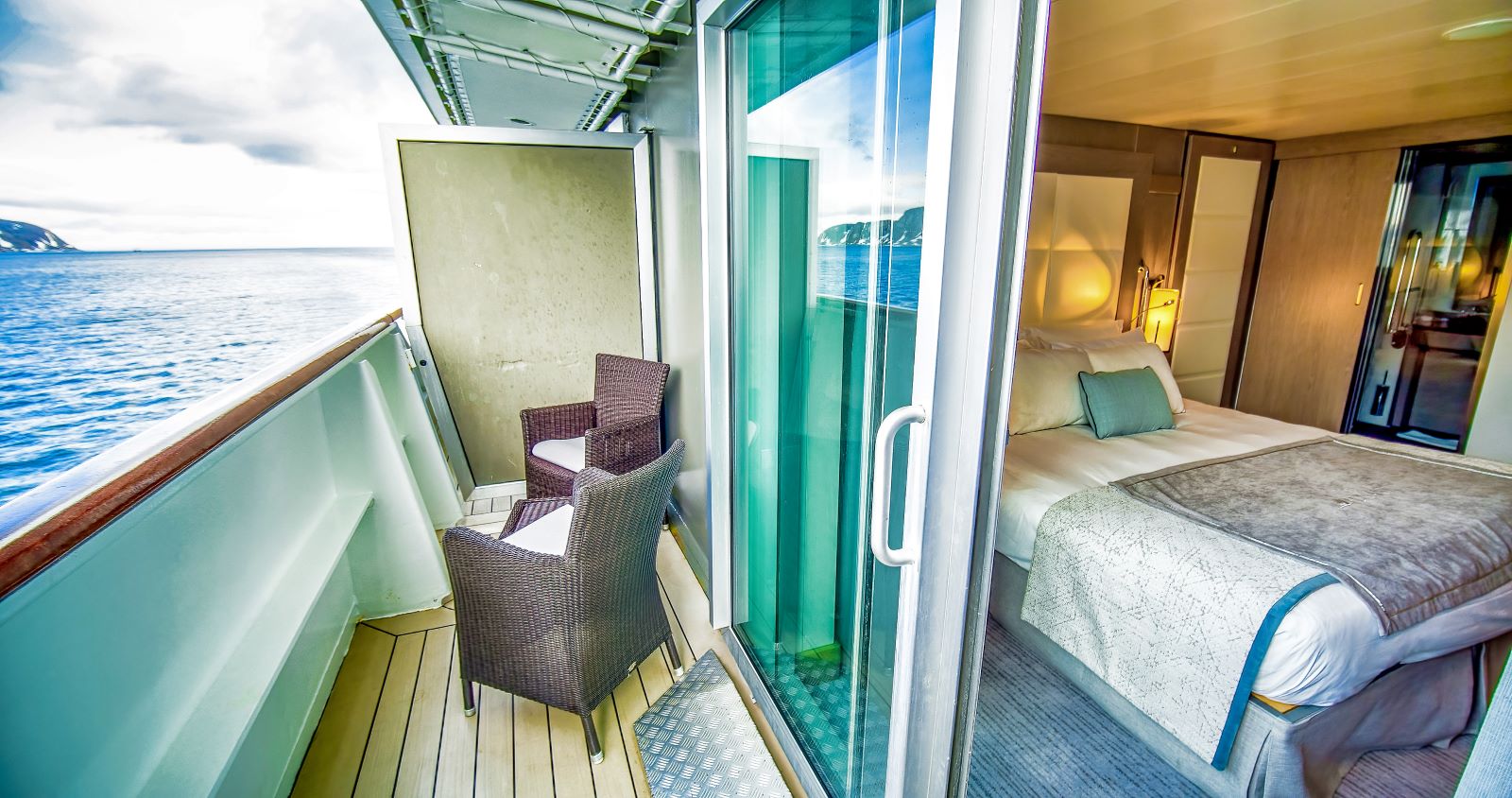 Guest suite with balcony onboard Ponant's Le Boreal cruise ship in the Arctic