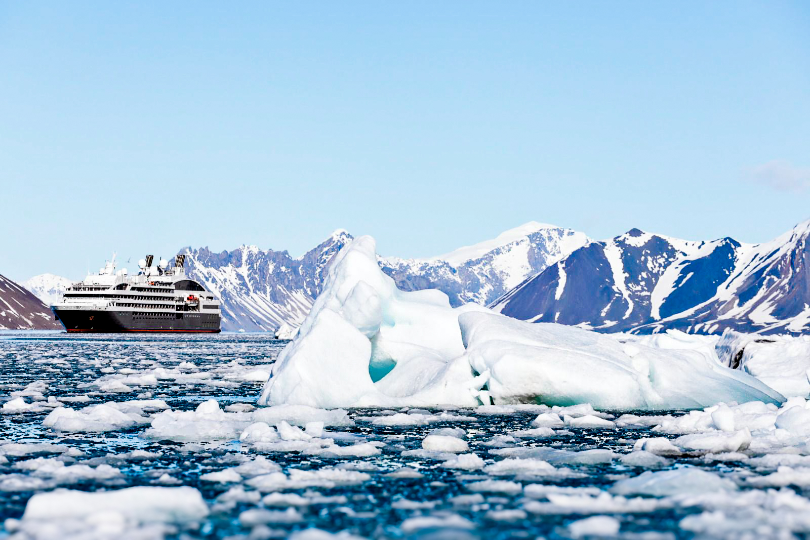 Exterior view of Ponant's Le Boreal cruise ship navigating Arctic waters