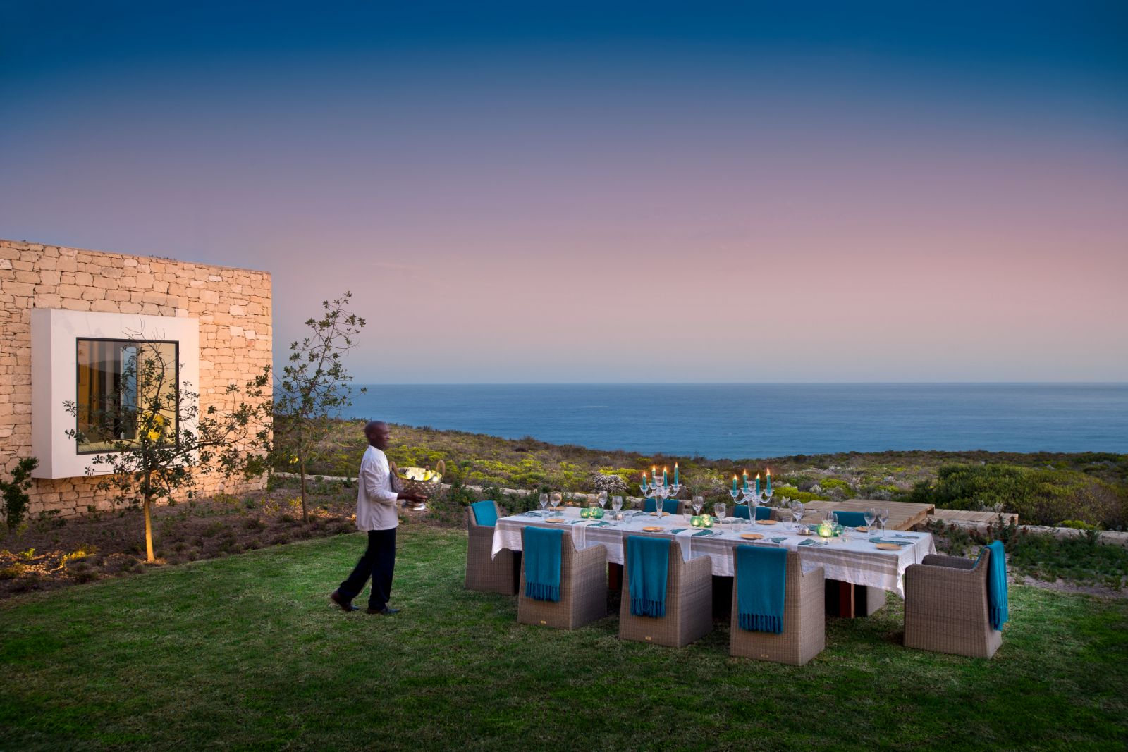 Alfresco dining on the grounds of Morukuru Ocean House in South Africa