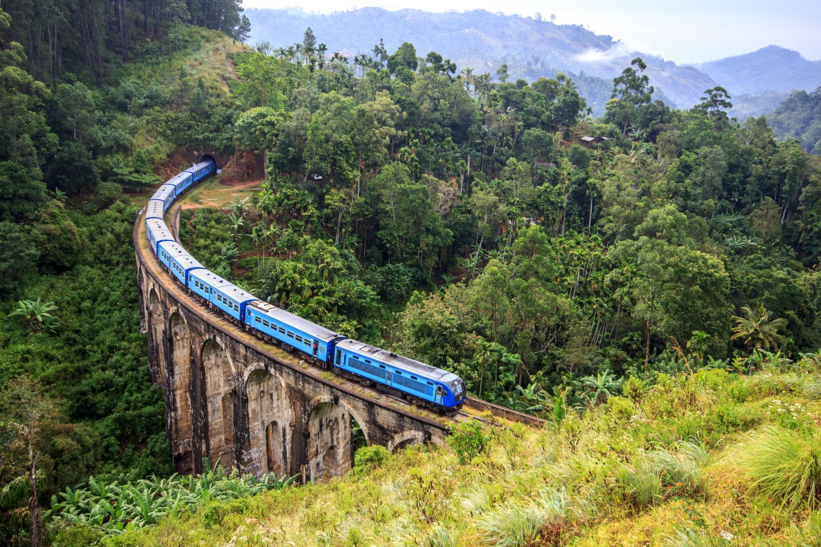 Train going over the Nine Arch Bridge towards Kandy