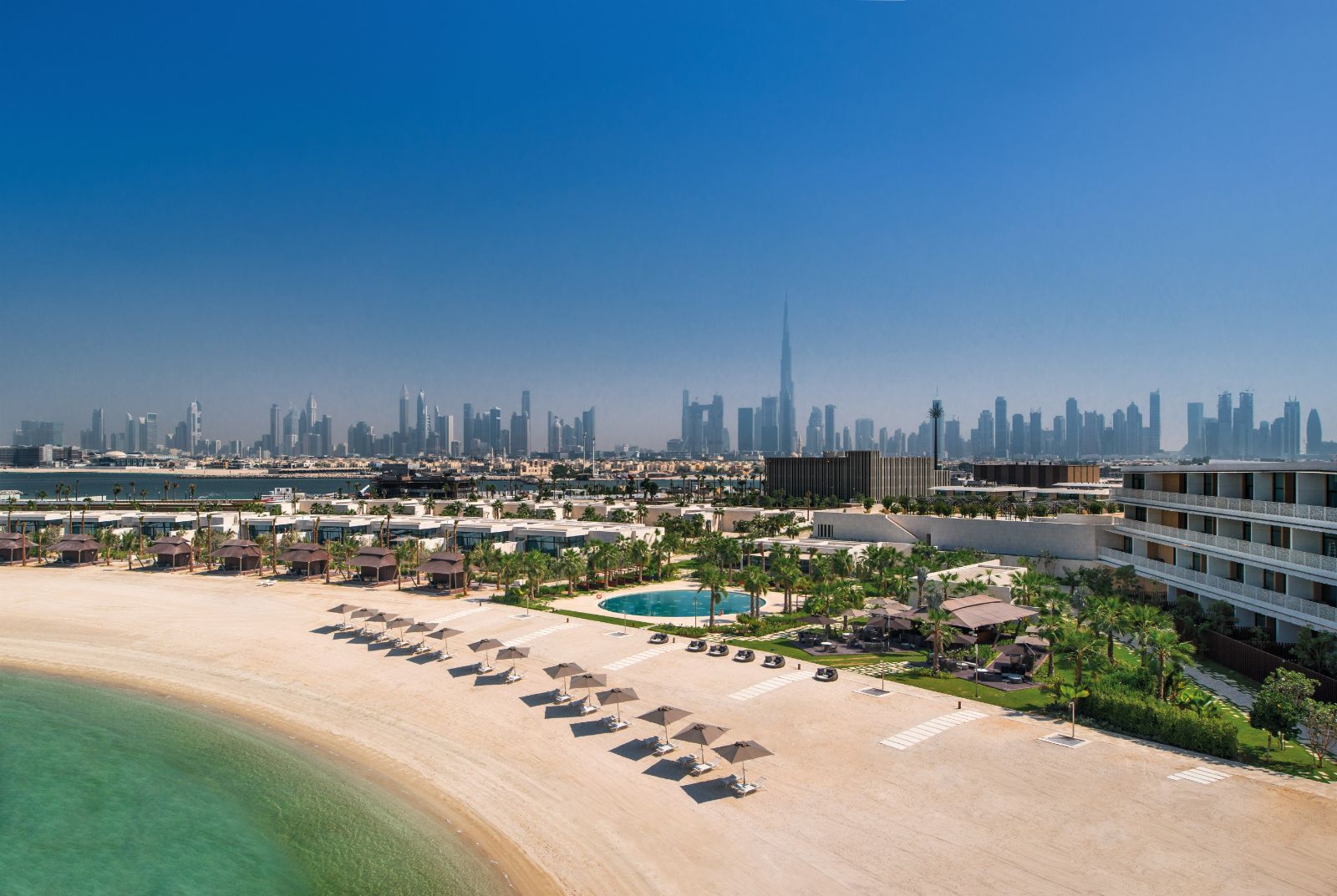 Aerial view of the beach at Bulgari Resort Dubai on Jumeirah Bay island