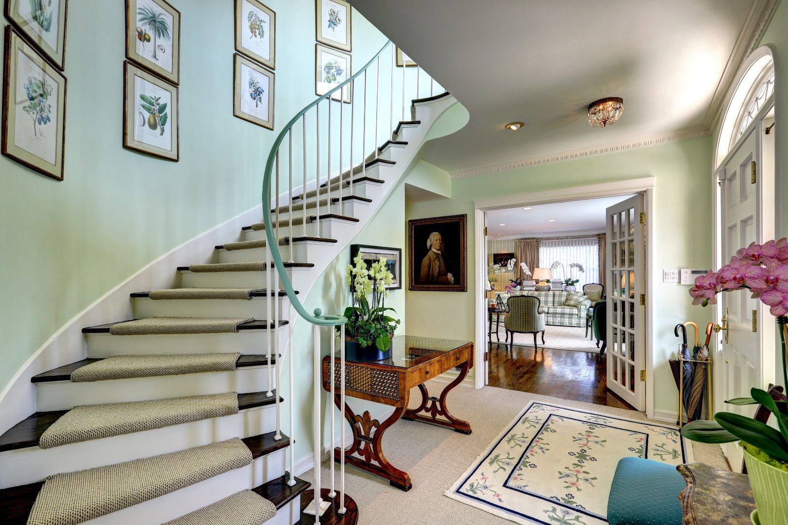 Staircase and hallway at Flicker Way Estate villa in Los Angeles, USA