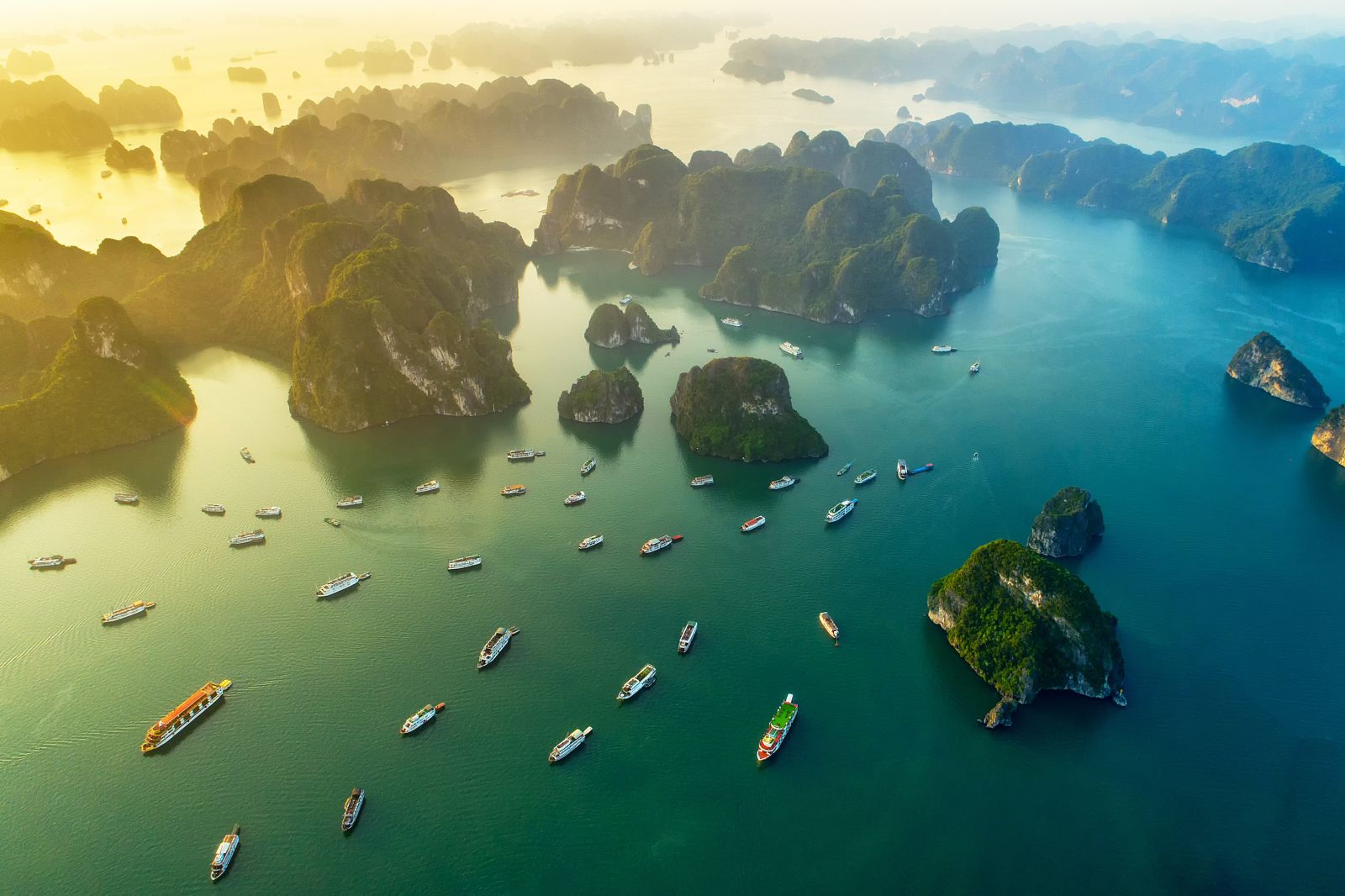 Aerial view of boats and limestone karsts in Ha Long Bay Vietnam